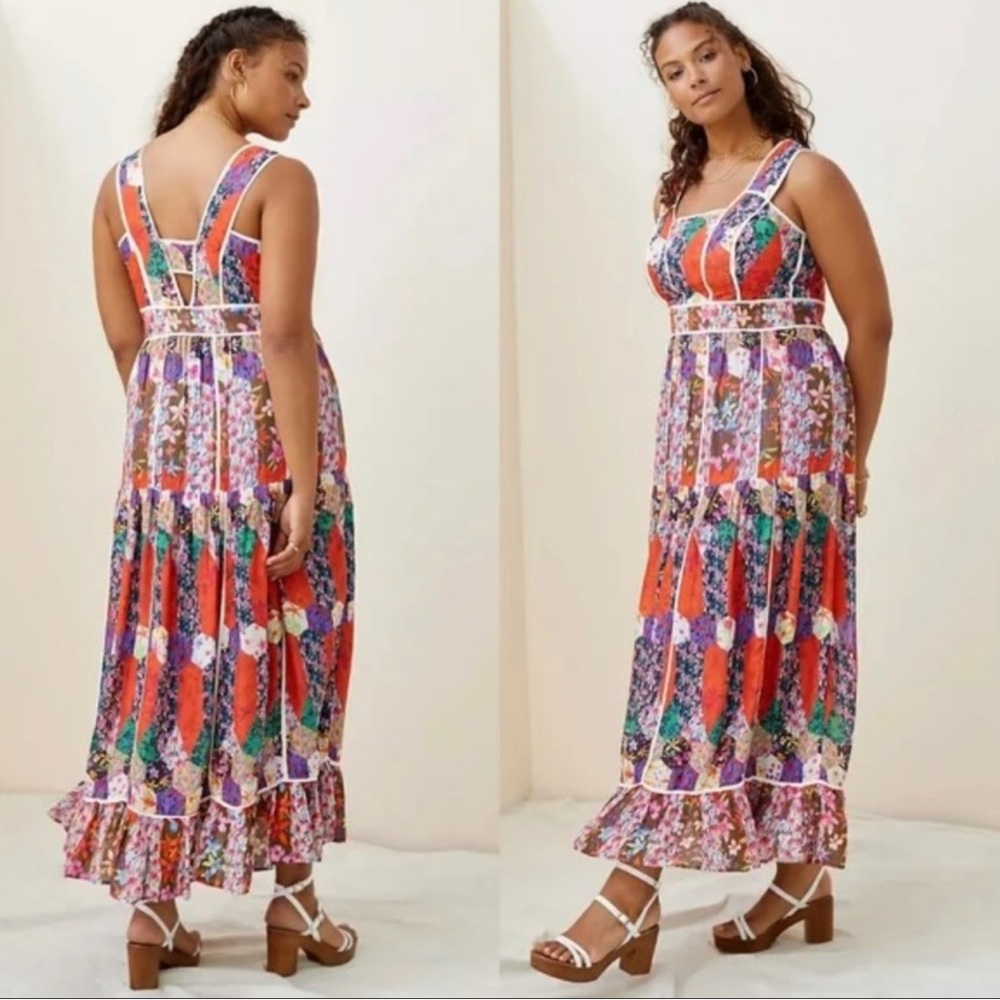 Anthropologie Floral Mix Maxi Dress in Red, Purple, Green